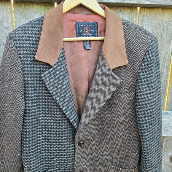 The Limited Vintage 90s Suede Wool Houndstooth Blazer M English Countryside Prep - Picture 2 of 11